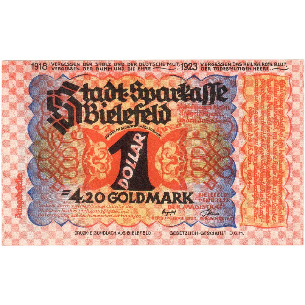 Alemanha, Bielefeld, 4.20 Goldmark, 1923-11-06, UNC(63)