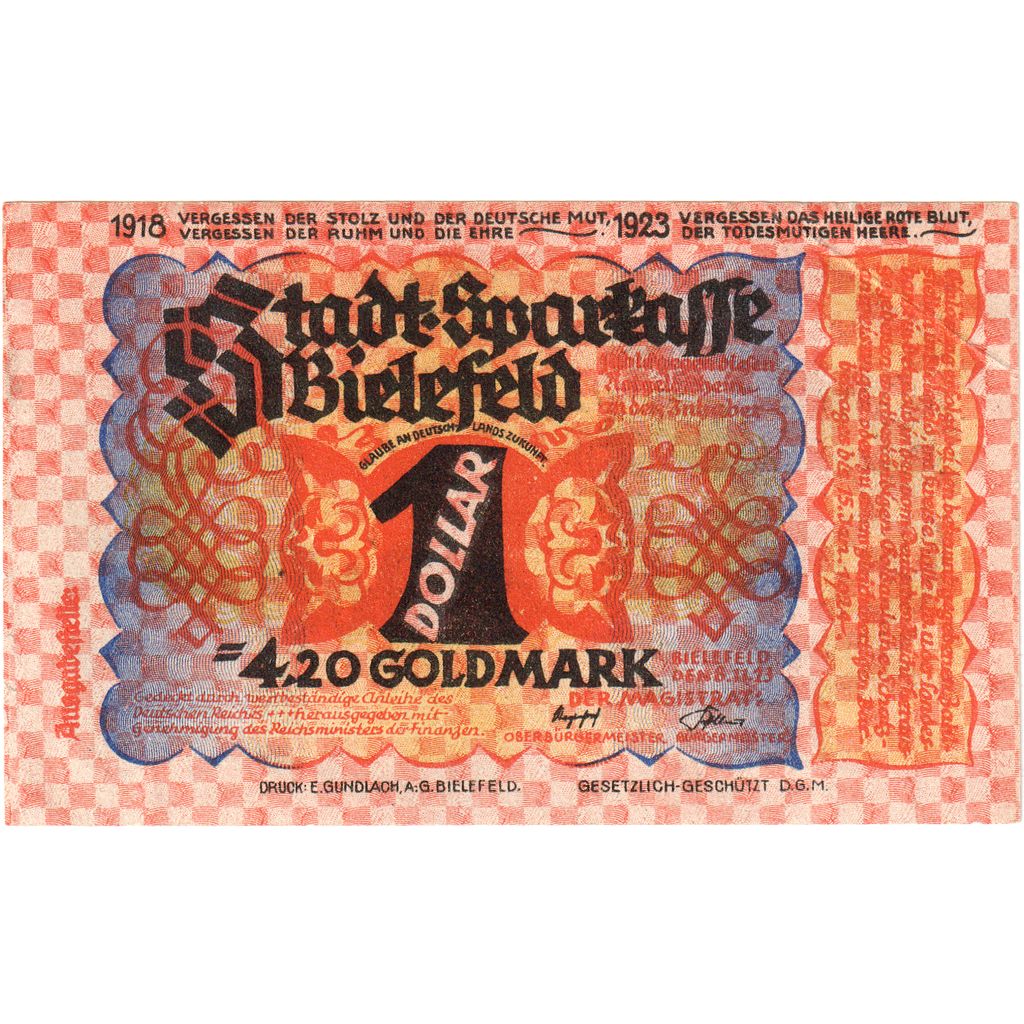 Alemanha, Bielefeld, 4.20 Goldmark, 1923-11-06, AU(50-53)