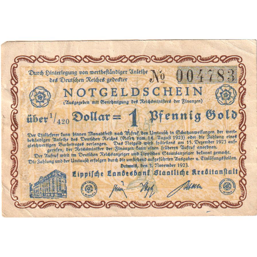 Germany, Detmold, 1 PFENNIG GOLD, 1923-11-03, EF(40-45)