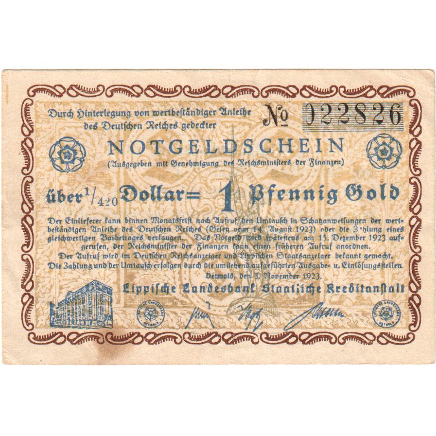 Allemagne, Detmold, 1 PFENNIG GOLD, 1923-11-03, TTB+