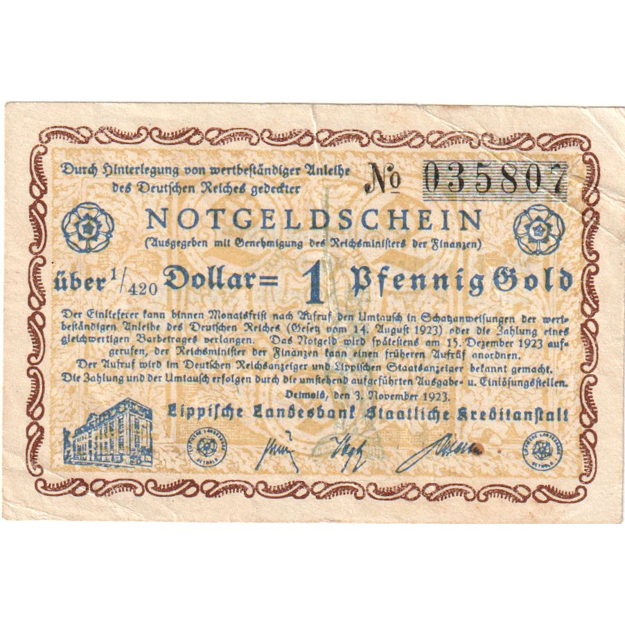 Germany, Detmold, 1 PFENNIG GOLD, 1923-11-06, VF(30-35)