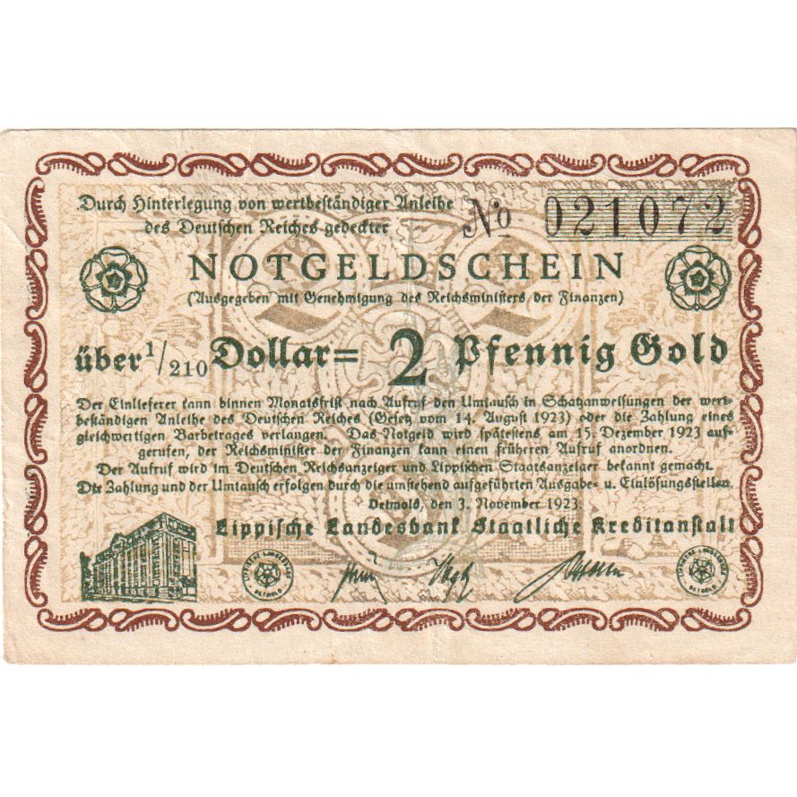 Germany, Detmold, 2 PFENNIG GOLD, 1923-11-03, EF(40-45)