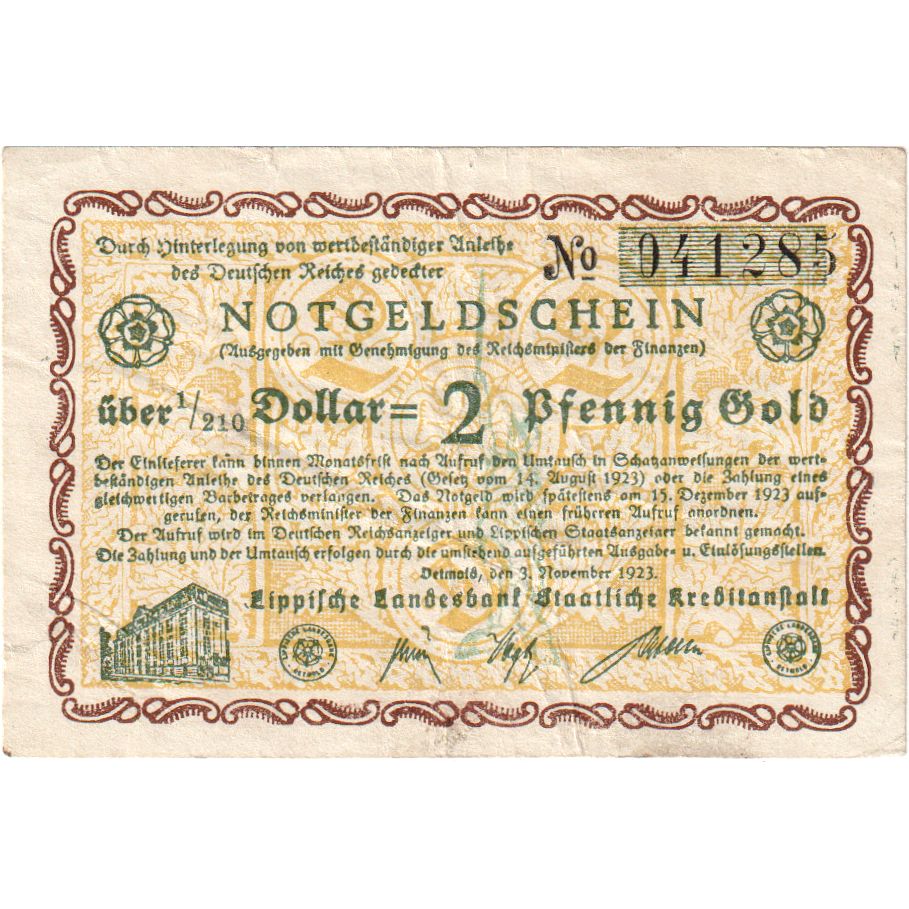 Germany, Detmold, 2 PFENNIG GOLD, 1923-11-03, VF(30-35)