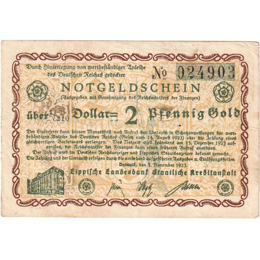 Germany, Detmold, 2 PFENNIG GOLD, 1923-11-03, EF(40-45)