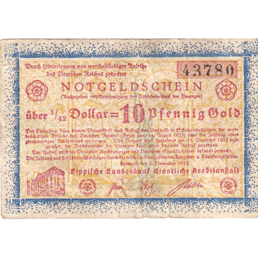 Germany, Detmold, 10 PFENNIG GOLD, 1923-11-03, VF(20-25)