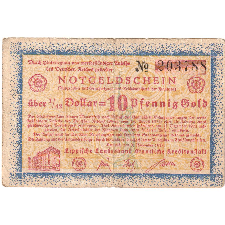 Germany, Detmold, 10 PFENNIG GOLD, 1923-11-03, VF(20-25)