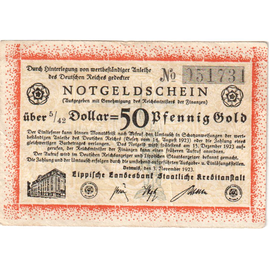 Germany, Detmold, 50 PFENNIG GOLD, 1923-11-03, EF(40-45)