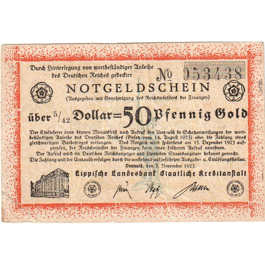 Germany, Detmold, 50 PFENNIG GOLD, 1923-11-03, VF(20-25)