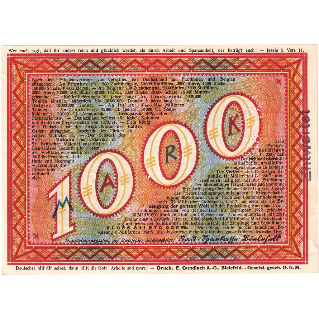 Germania, Bielefeld, 1000 Mark, 1922-11-21, BB+
