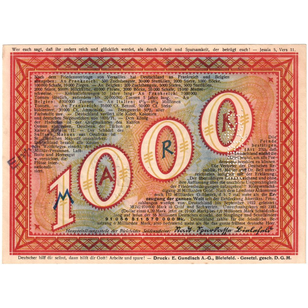 Germania, Bielefeld, 1000 Mark, 1922-11-21, SPL-