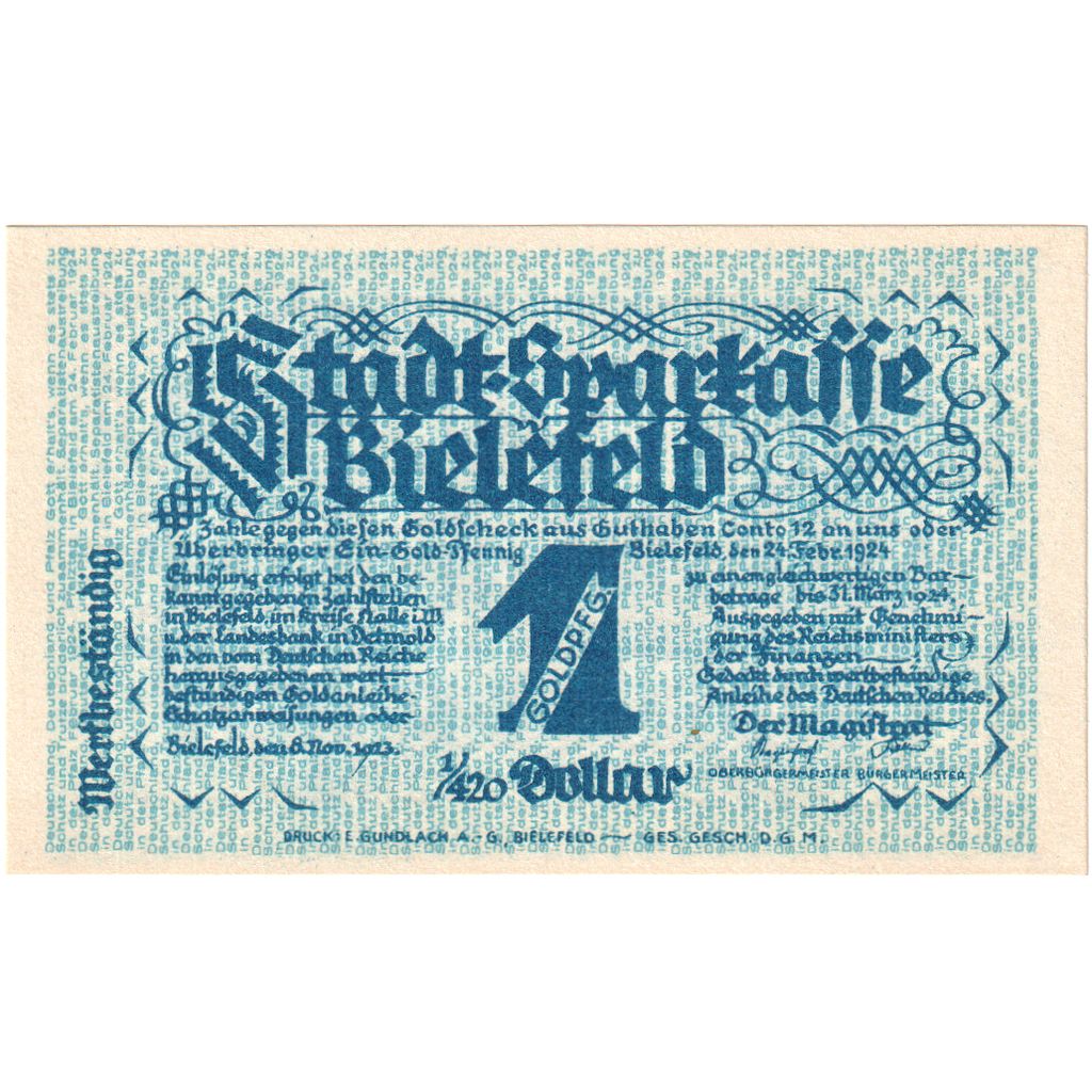 Duitsland, Bielefeld, 1 Goldpfennig, 1923-11-08, SUP, Grabowski:92