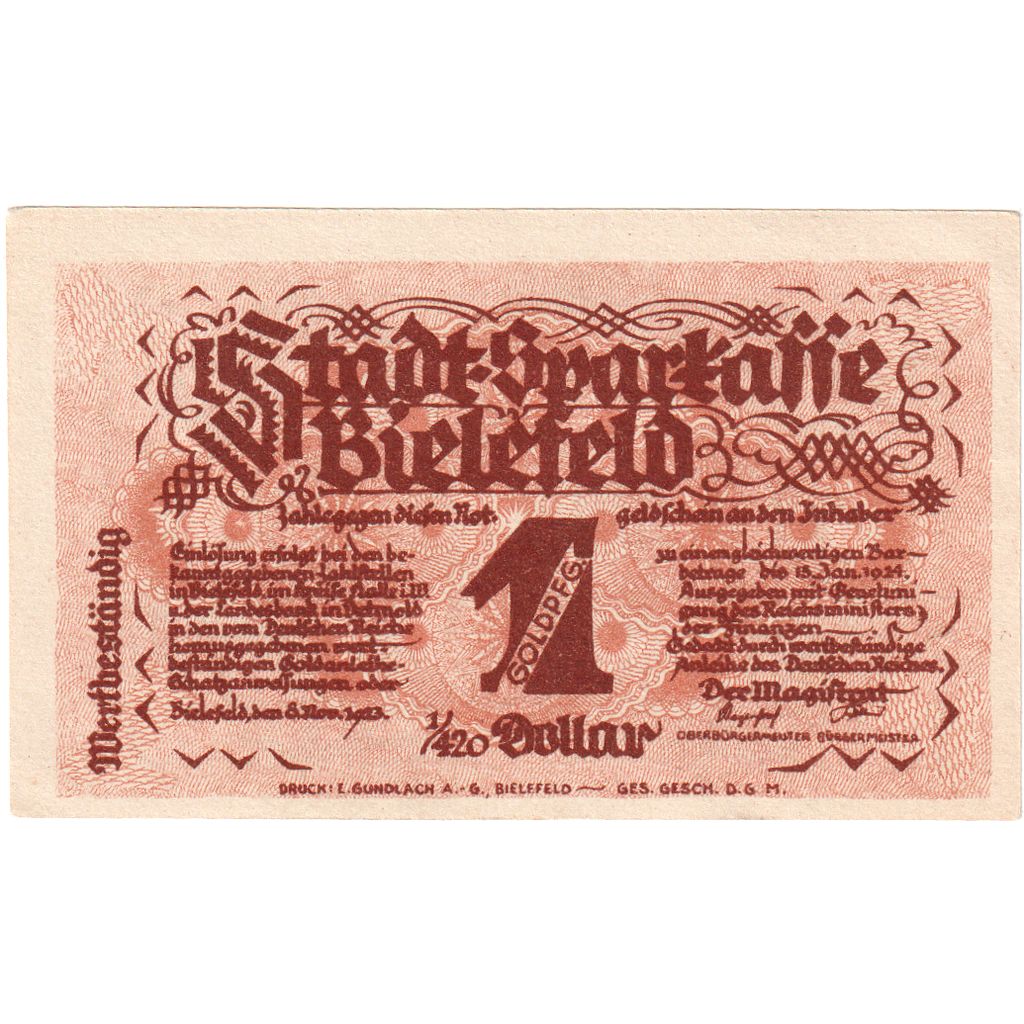 Germany, Bielefeld, 1 Goldpfennig, 1923-11-08, UNC(63), Grabowski:92