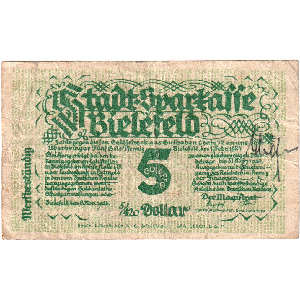 Alemania, Bielefeld, 5 Goldpfennig, 1923-11-08, BC, Grabowski:93