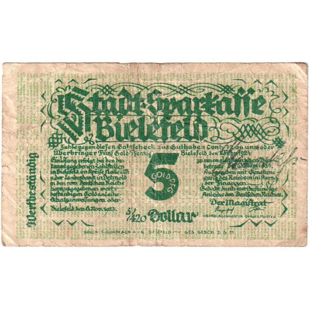 Germania, Bielefeld, 5 Goldpfennig, 1923-11-08, MB, Grabowski:93