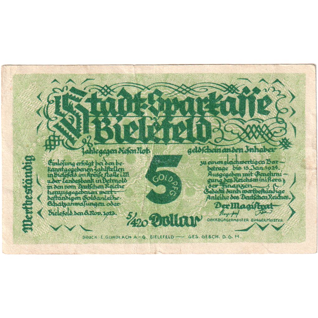 Alemania, Bielefeld, 5 Goldpfennig, 1923-11-08, MBC, Grabowski:93