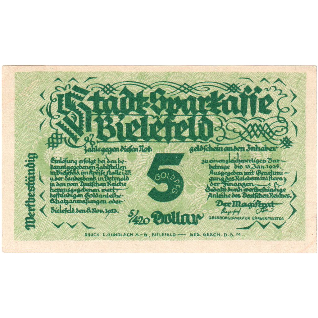 Germany, Bielefeld, 5 Goldpfennig, 1923-11-08, AU(55-58), Grabowski:93
