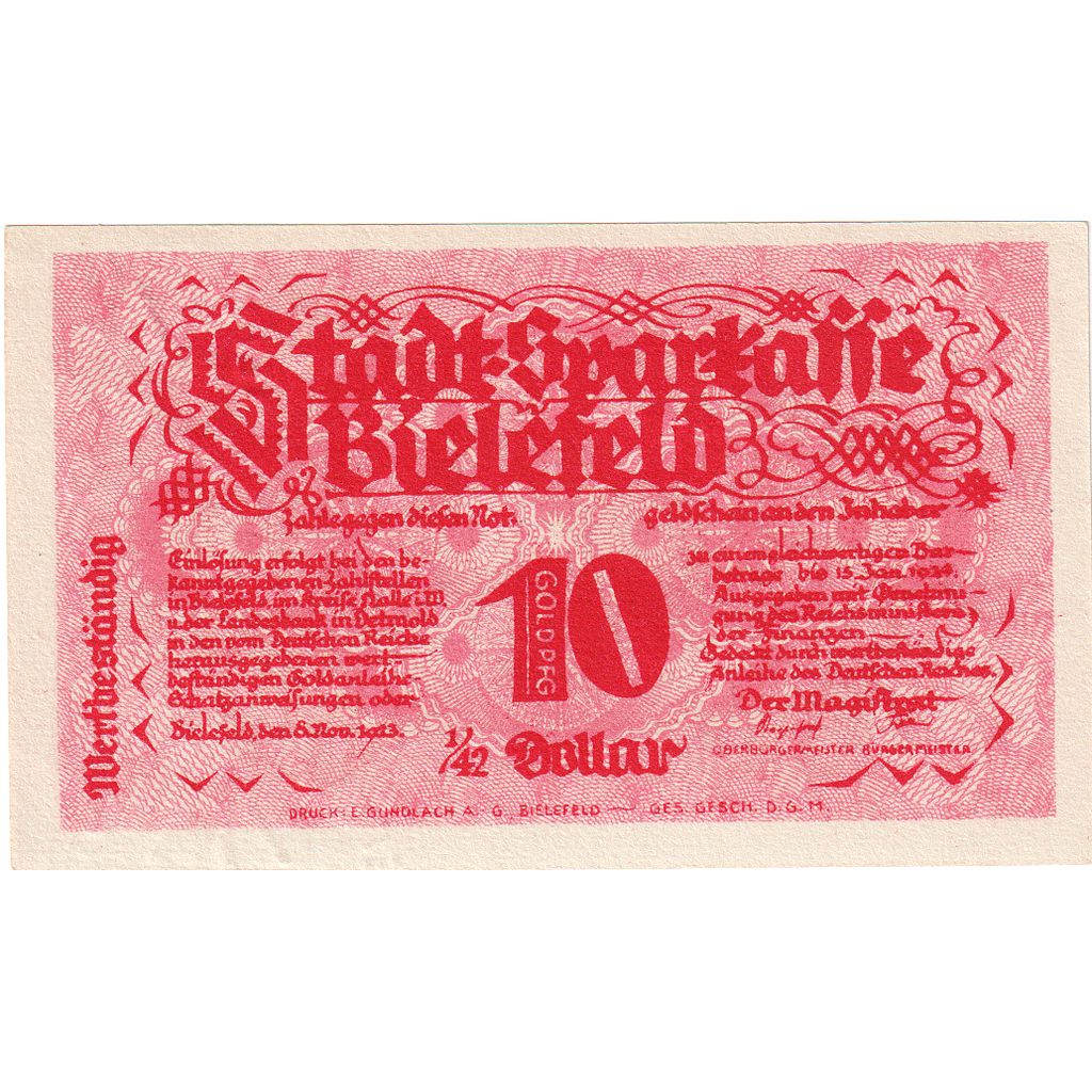 Deutschland, Bielefeld, 10 Goldpfenning, 1923-11-08, UNZ-, Grabowski:94