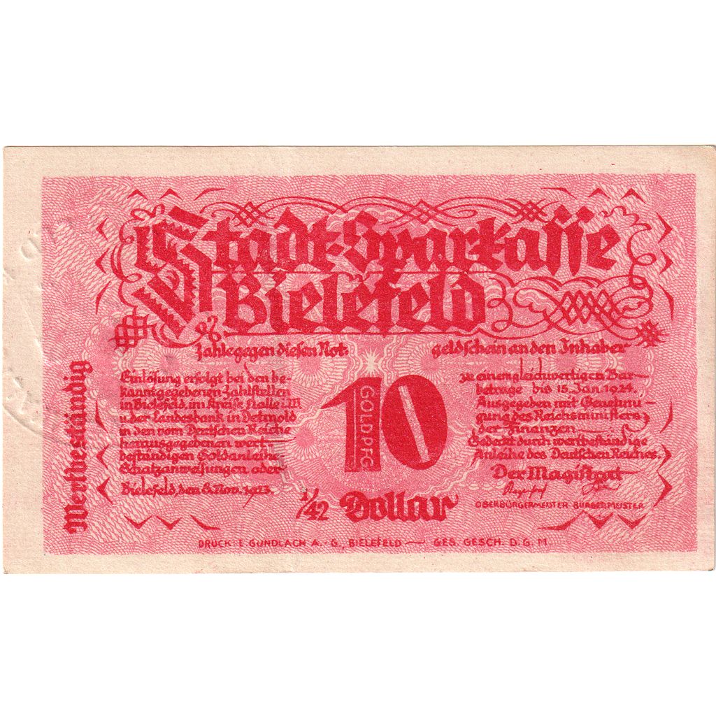 Duitsland, Bielefeld, 10 Goldpfenning, 1923-11-08, SPL, Grabowski:94