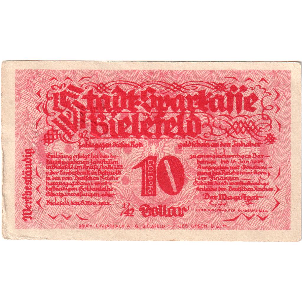 Germany, Bielefeld, 10 Goldpfenning, 1923-11-08, EF(40-45), Grabowski:94