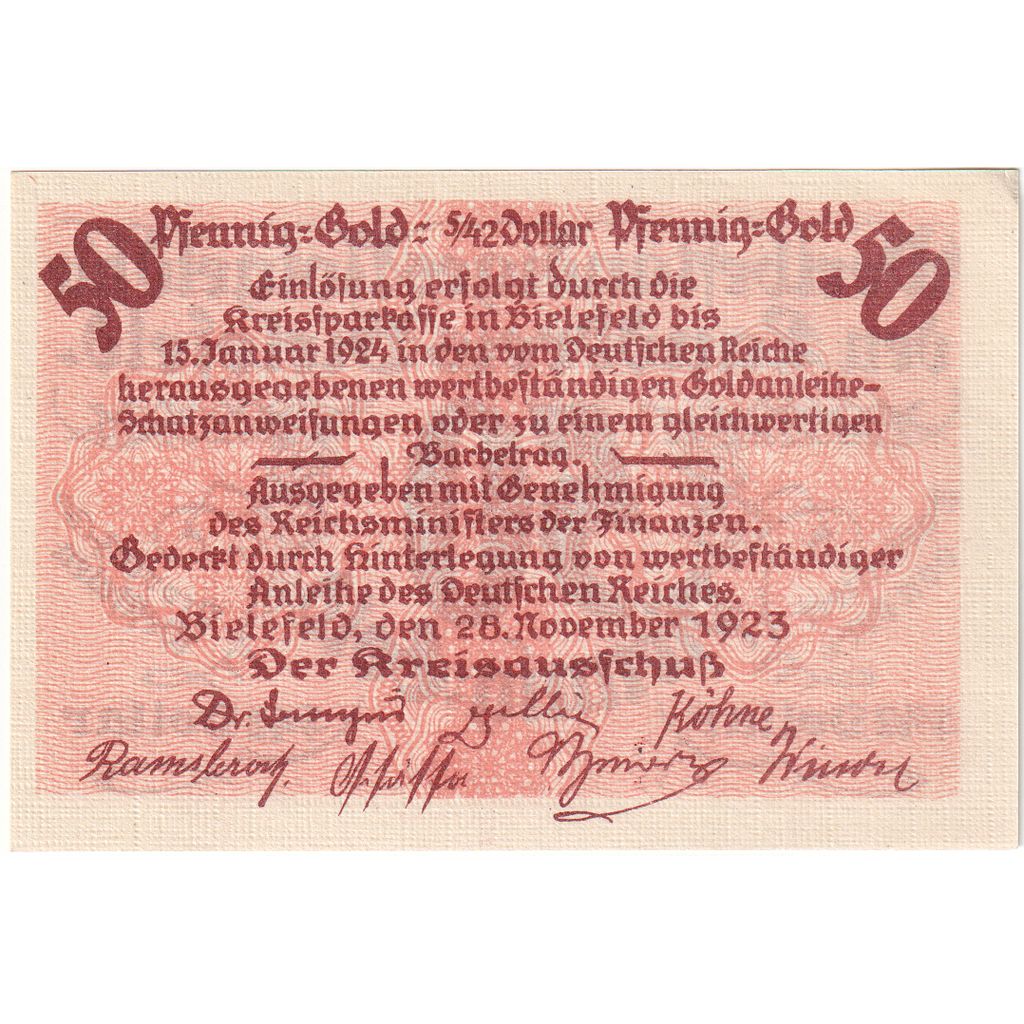 Niemcy, Bielefeld, 50 PFENNIG-GOLD, 1923-11-28, UNC(63)
