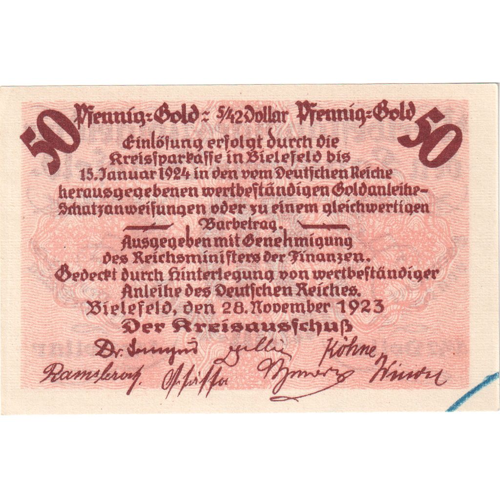 Niemcy, Bielefeld, 50 PFENNIG-GOLD, 1923-11-28, AU(55-58)