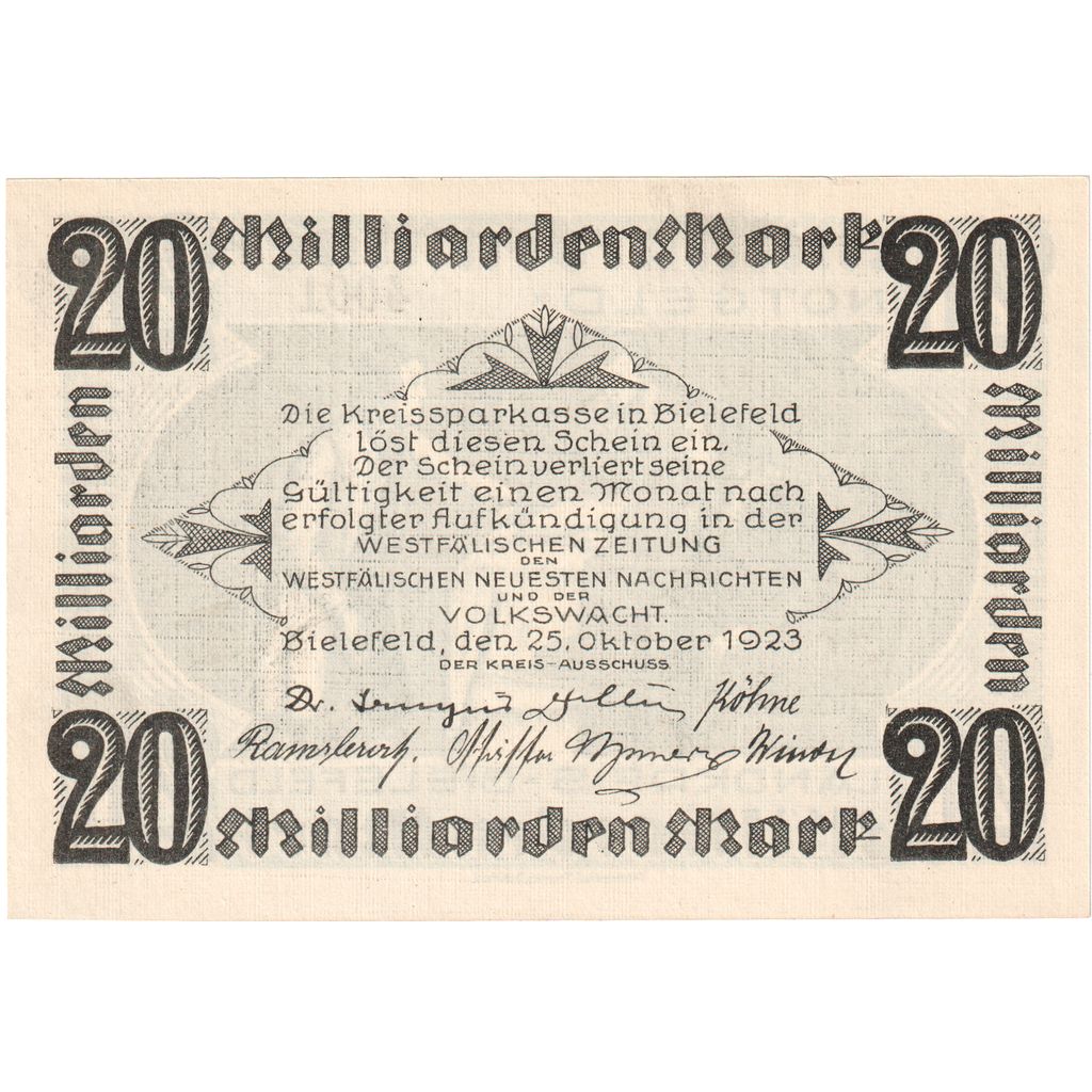 Alemania, Bielefeld, 20 Milliarden Mark, 1923-10-25, SC
