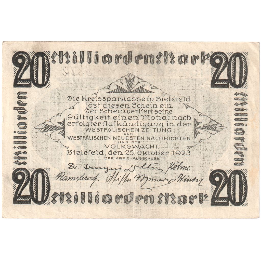 Niemcy, Bielefeld, 20 Milliarden Mark, 1923-10-25, AU(55-58)