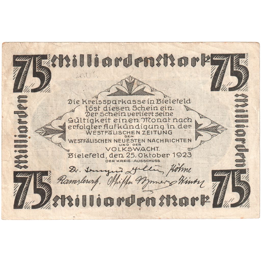 Germany, Bielefeld, 75 Milliarden Mark, 1923-10-25, EF(40-45)