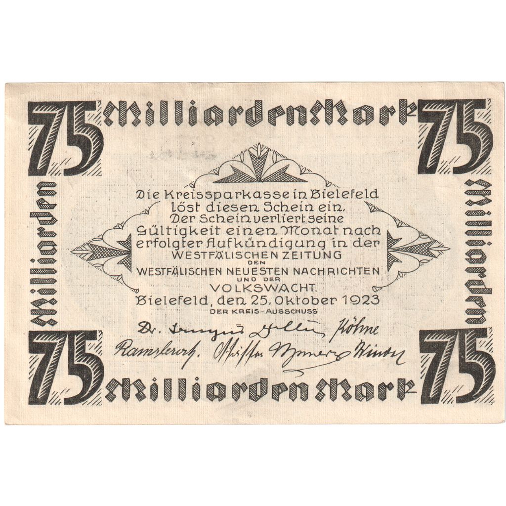Germany, Bielefeld, 75 Milliarden Mark, 1923-10-25, UNC(63)