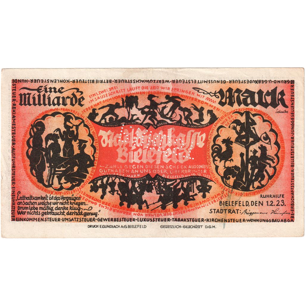 Germany, Bielefeld, 1 Milliarde Mark, 1923-02-01, AU(55-58)