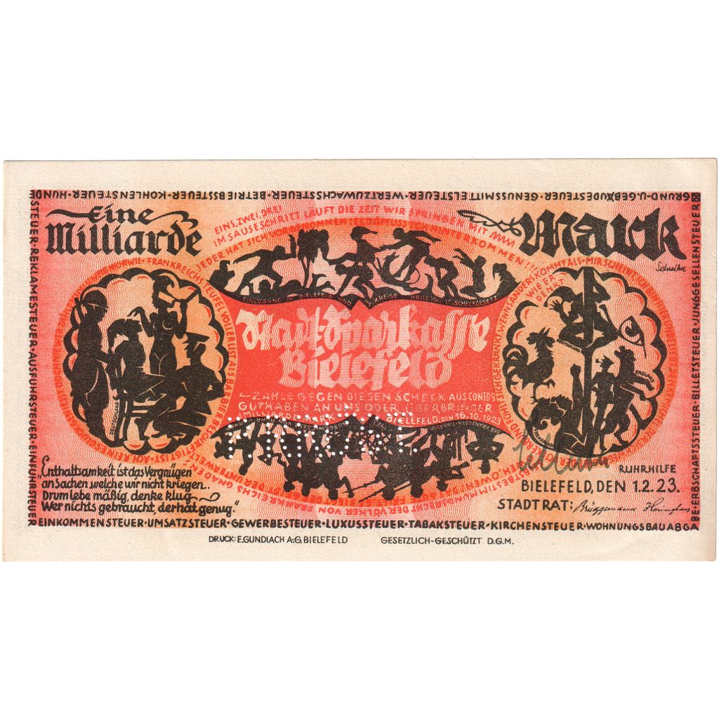 Alemanha, Bielefeld, 1 Milliarde Mark, 1923-02-01, UNC(63)