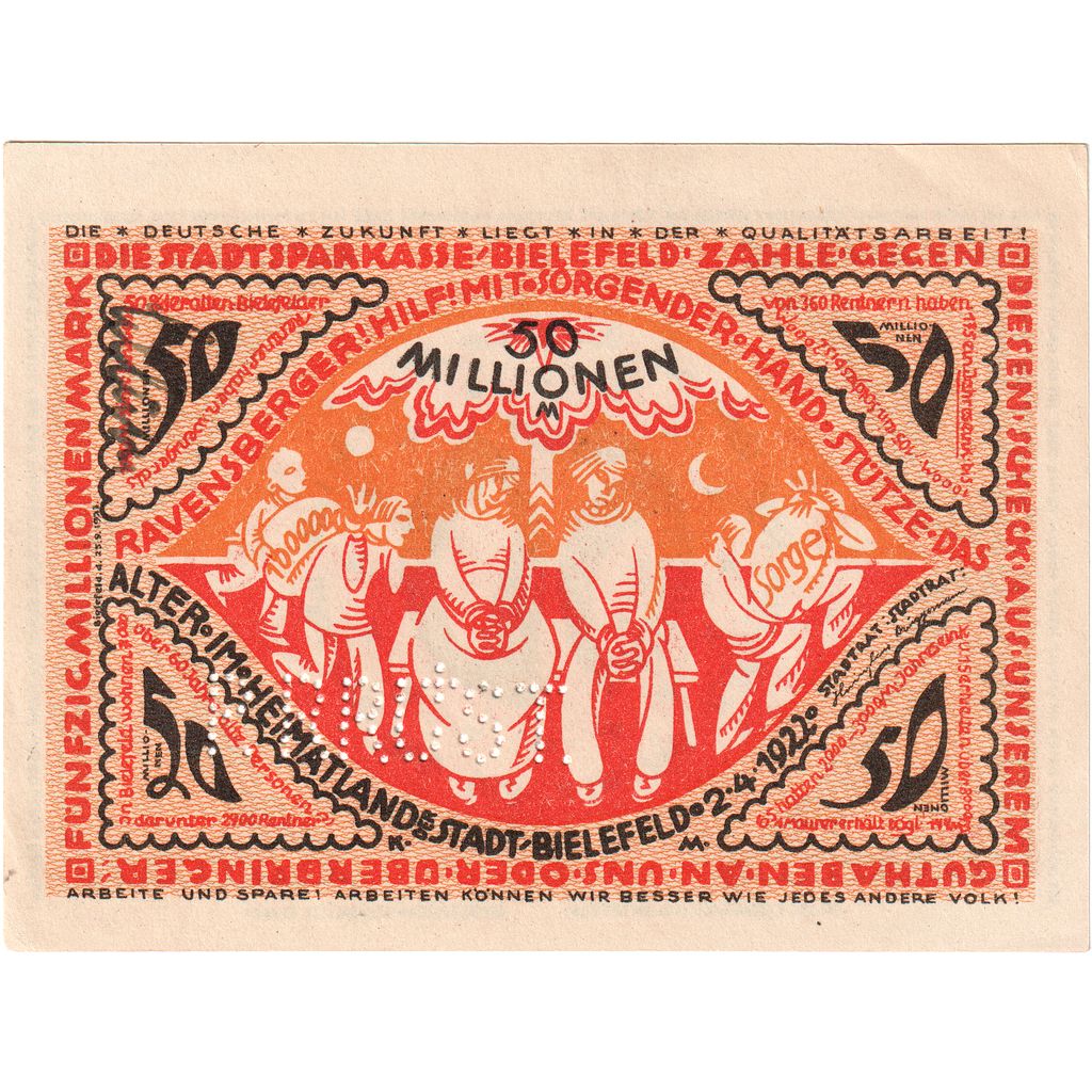 Germany, Bielefeld, 50 Millionen Mark, 1922-04-02, UNC(63), Grabowski:83