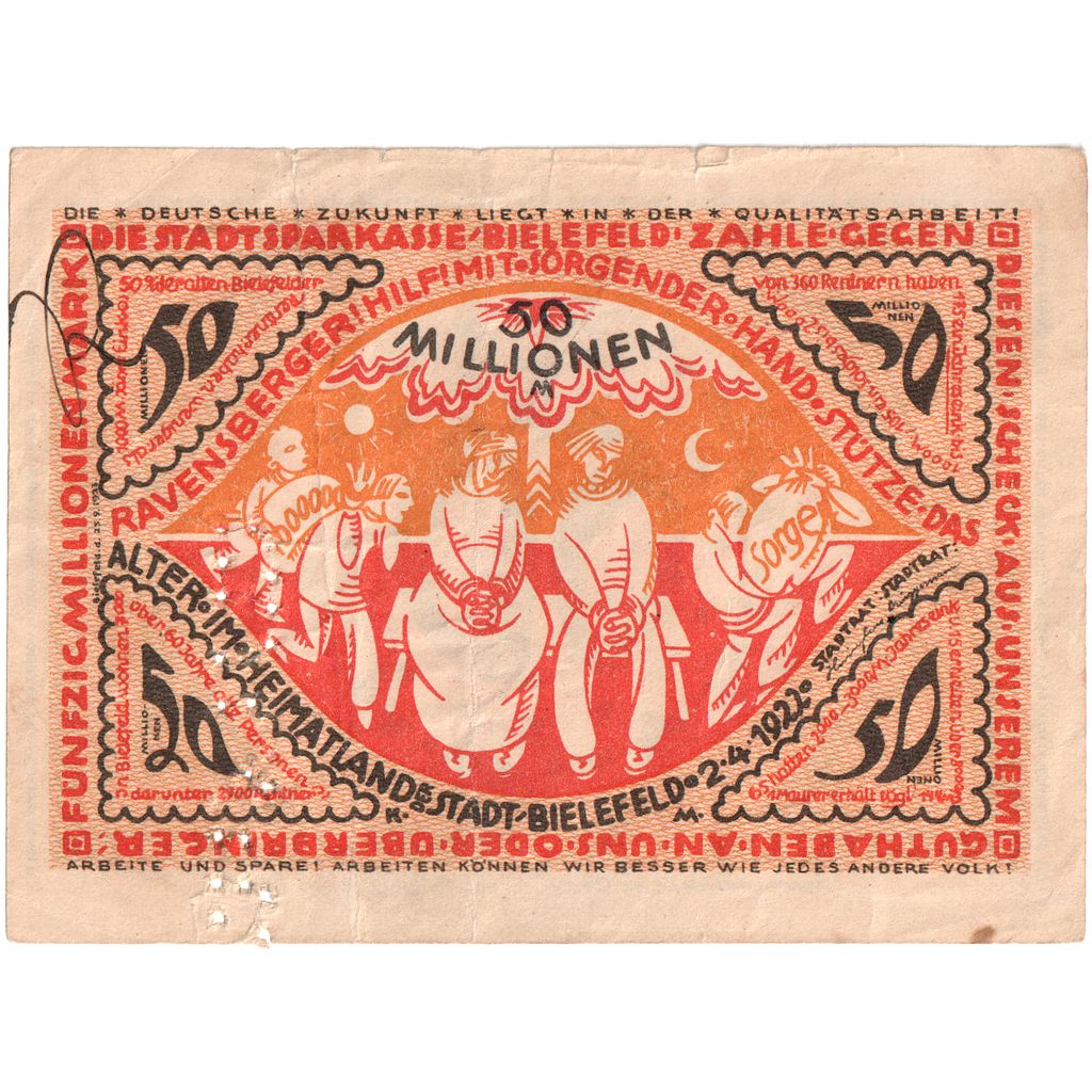 Allemagne, Bielefeld, 50 Millionen Mark, 1922-04-02, TB, Grabowski:83