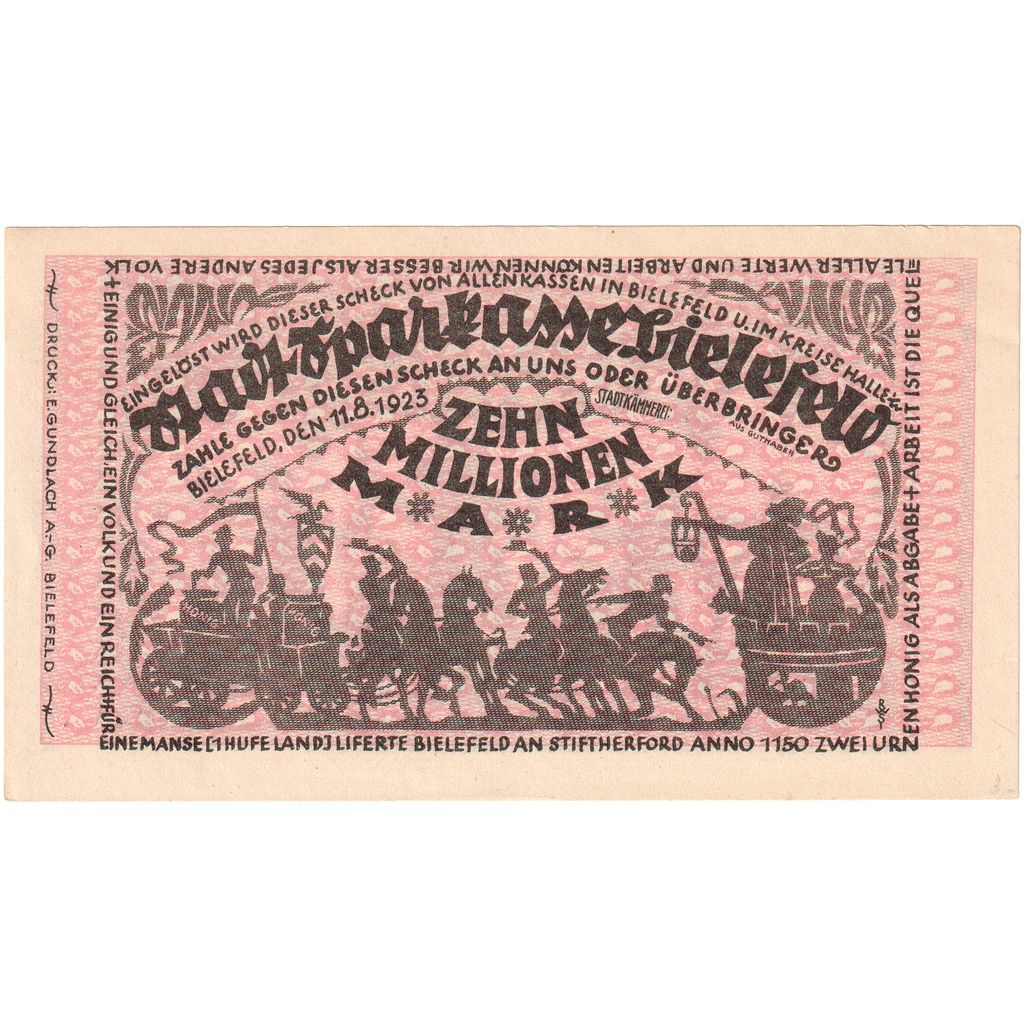 Germany, Bielefeld, 10 Millionen Mark, 1923-08-01, UNC(60-62)