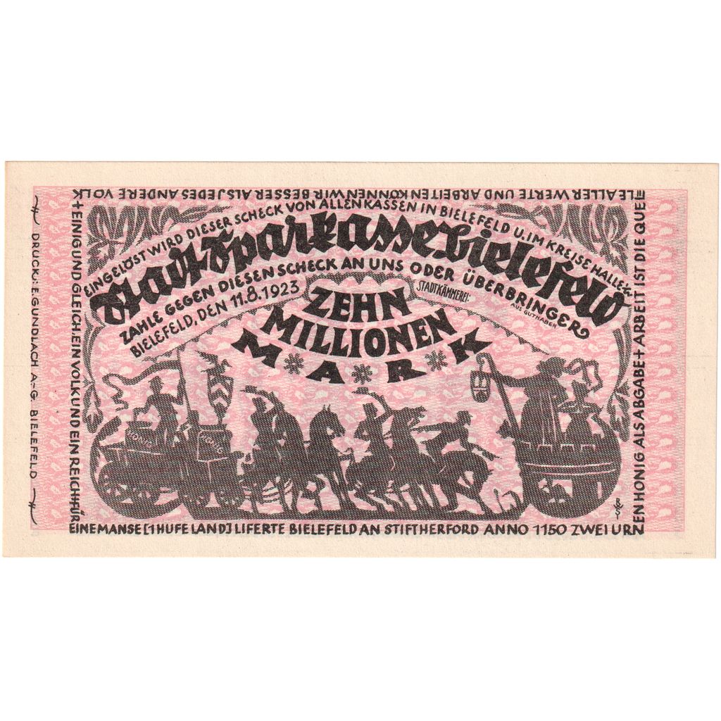 Alemanha, Bielefeld, 10 Millionen Mark, 1923-08-01, UNC(63)