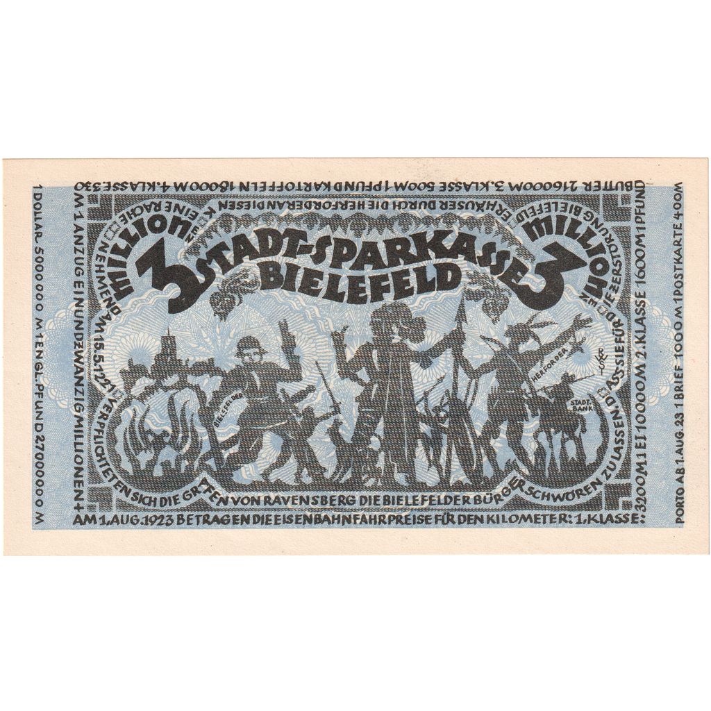 Germany, Bielefeld, 3 Millionen Mark, 1923-08-01, UNC(63)