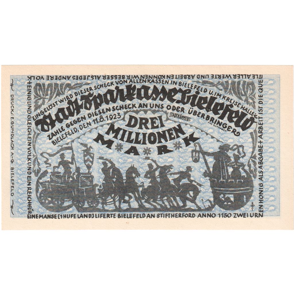 Germany, Bielefeld, 3 Millionen Mark, 1923-08-01, UNC(63)