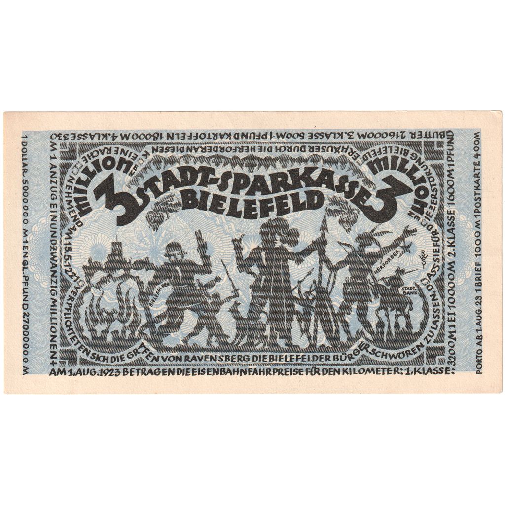 Germany, Bielefeld, 3 Millionen Mark, 1923-08-01, UNC(63)