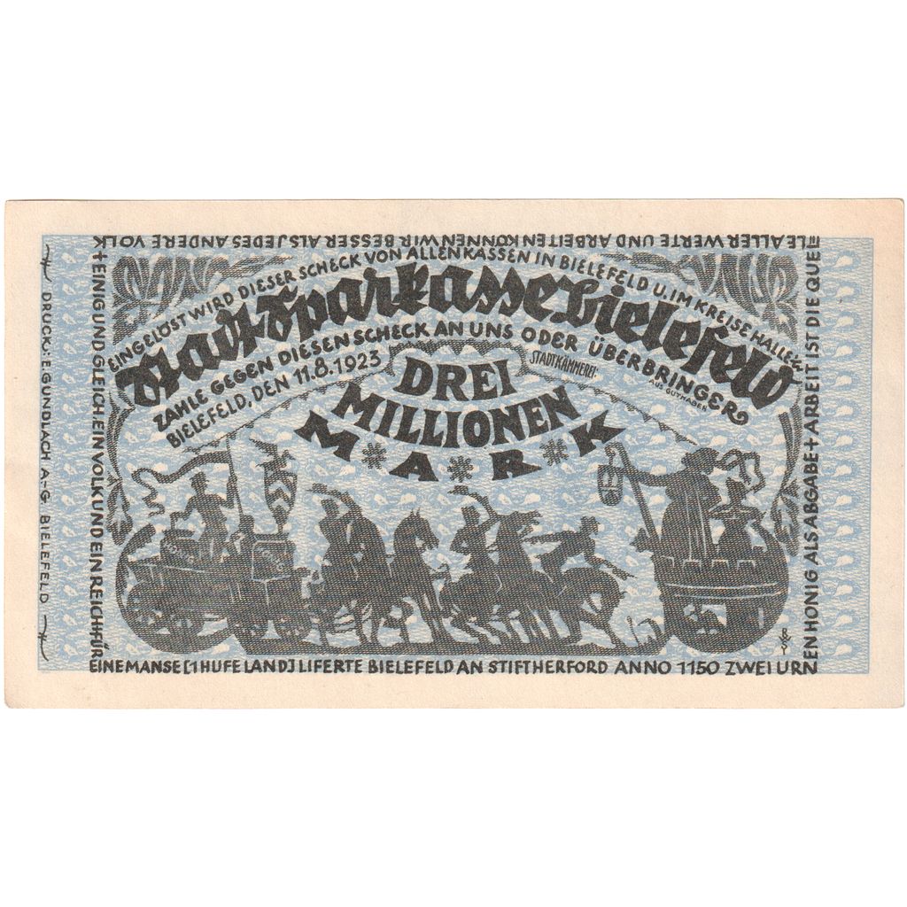 Germany, Bielefeld, 3 Millionen Mark, 1923-08-01, UNC(63)