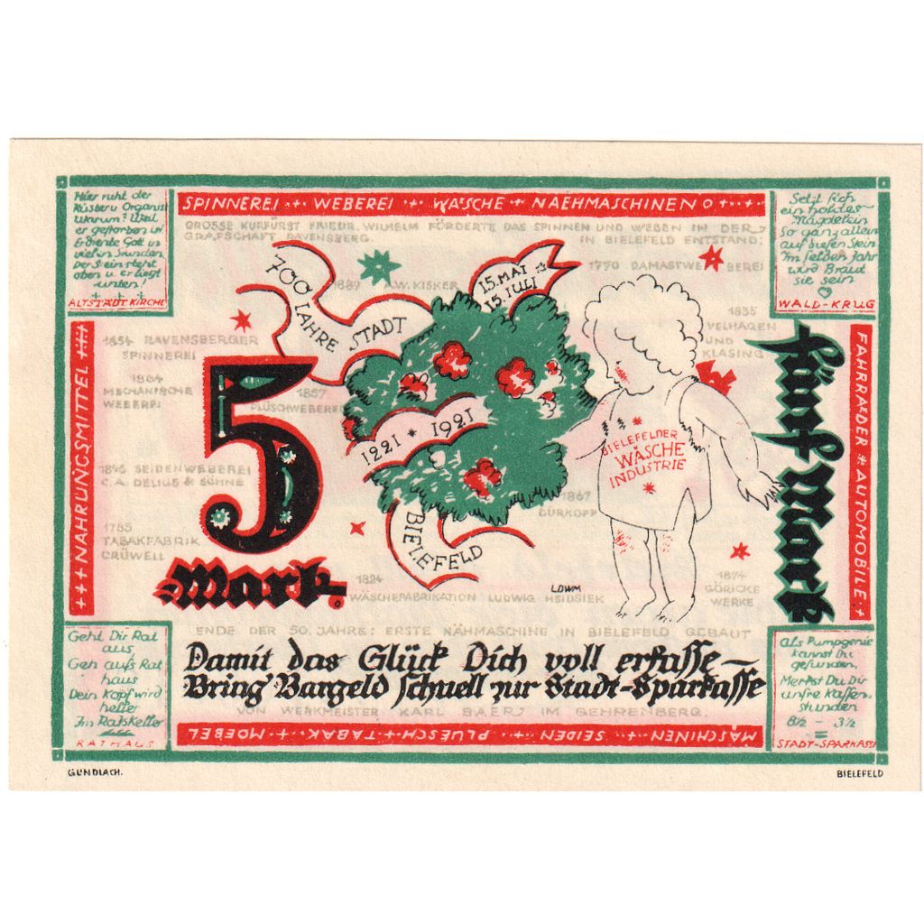Allemagne, Bielefeld, 5 Mark, 1921-07-15, SPL, Grabowski:103.12