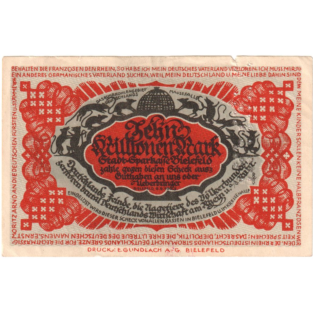 Niemcy, Bielefeld, 10 Millionen Mark, 1923-09-09, AU(50-53)