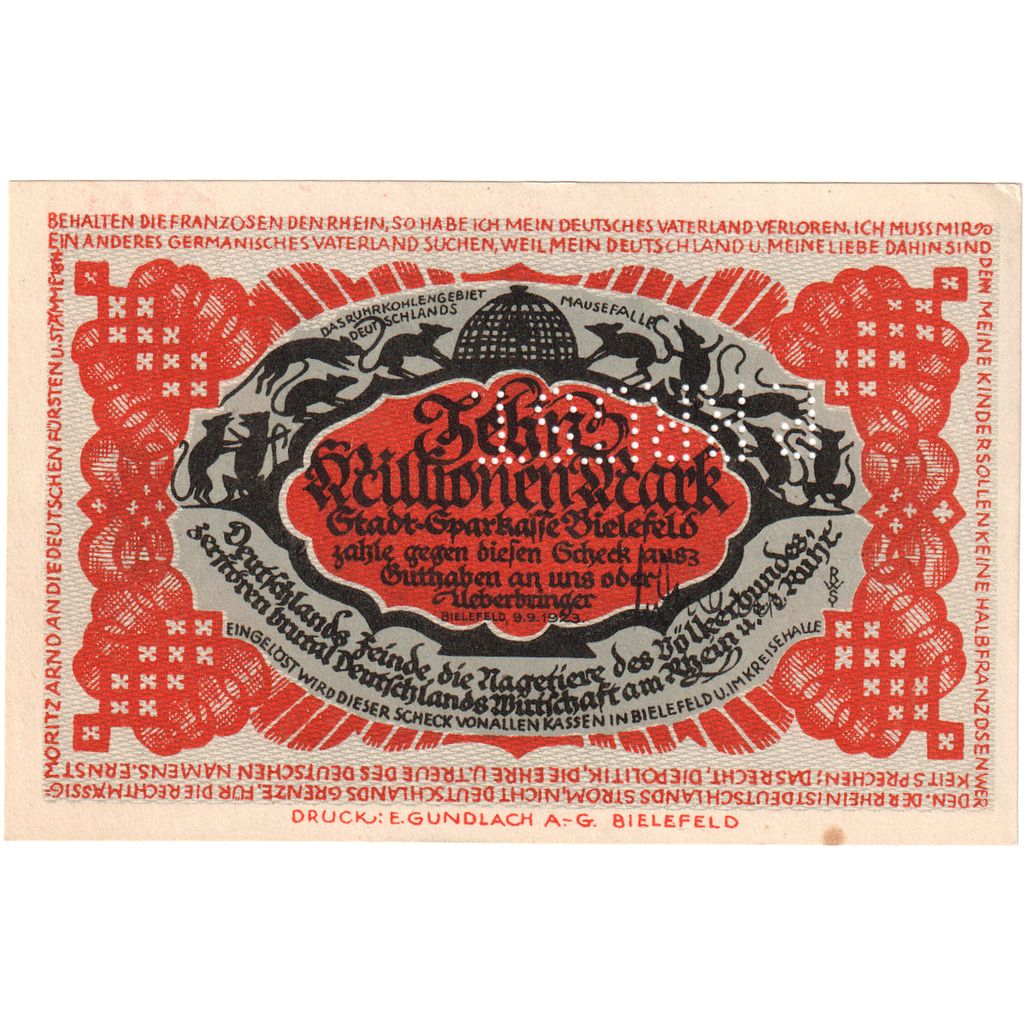 Germany, Bielefeld, 10 Millionen Mark, 1923-09-09, AU(50-53)