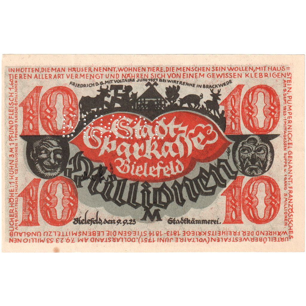 Germany, Bielefeld, 10 Millionen Mark, 1923-09-09, AU(50-53)