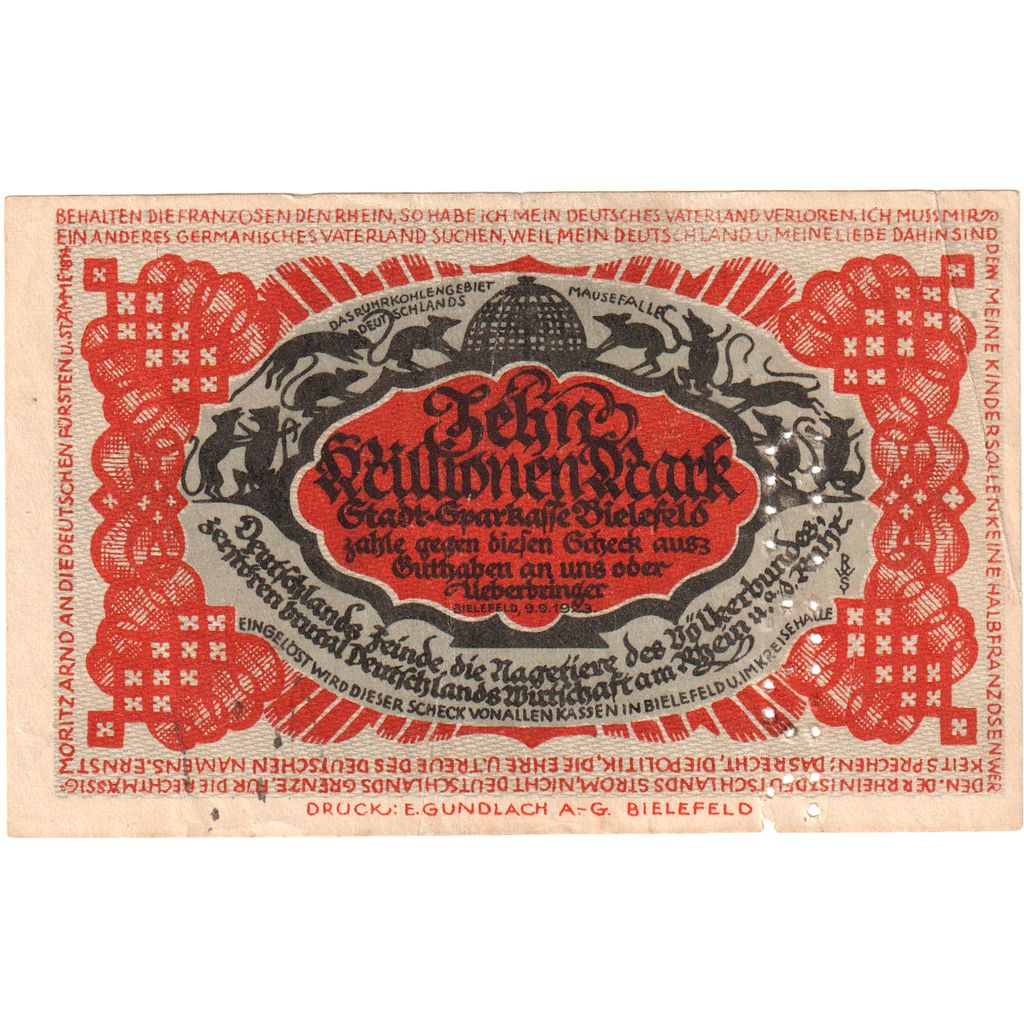 Alemanha, Bielefeld, 10 Millionen Mark, 1923-09-09, VF(20-25)