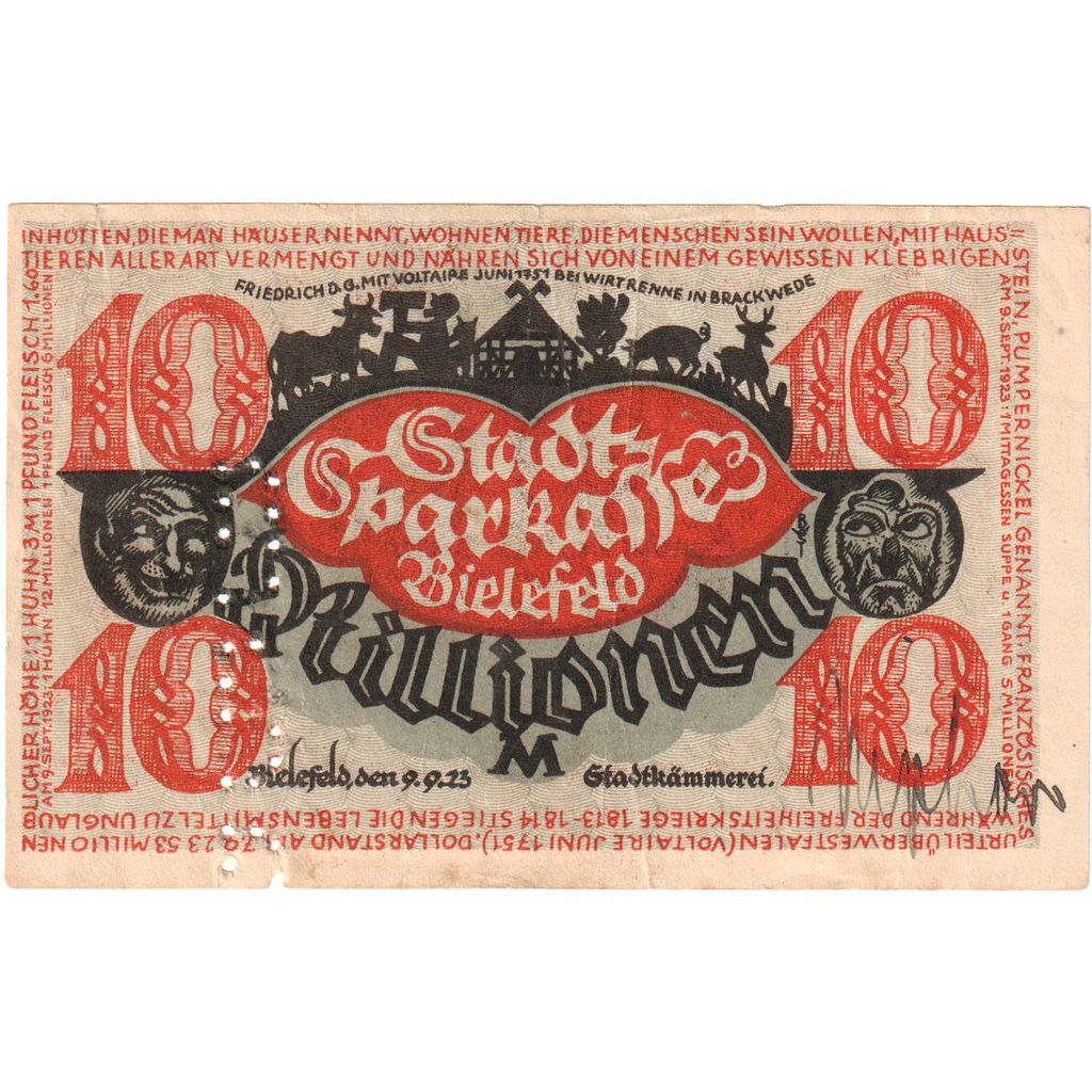 Alemanha, Bielefeld, 10 Millionen Mark, 1923-09-09, VF(20-25)