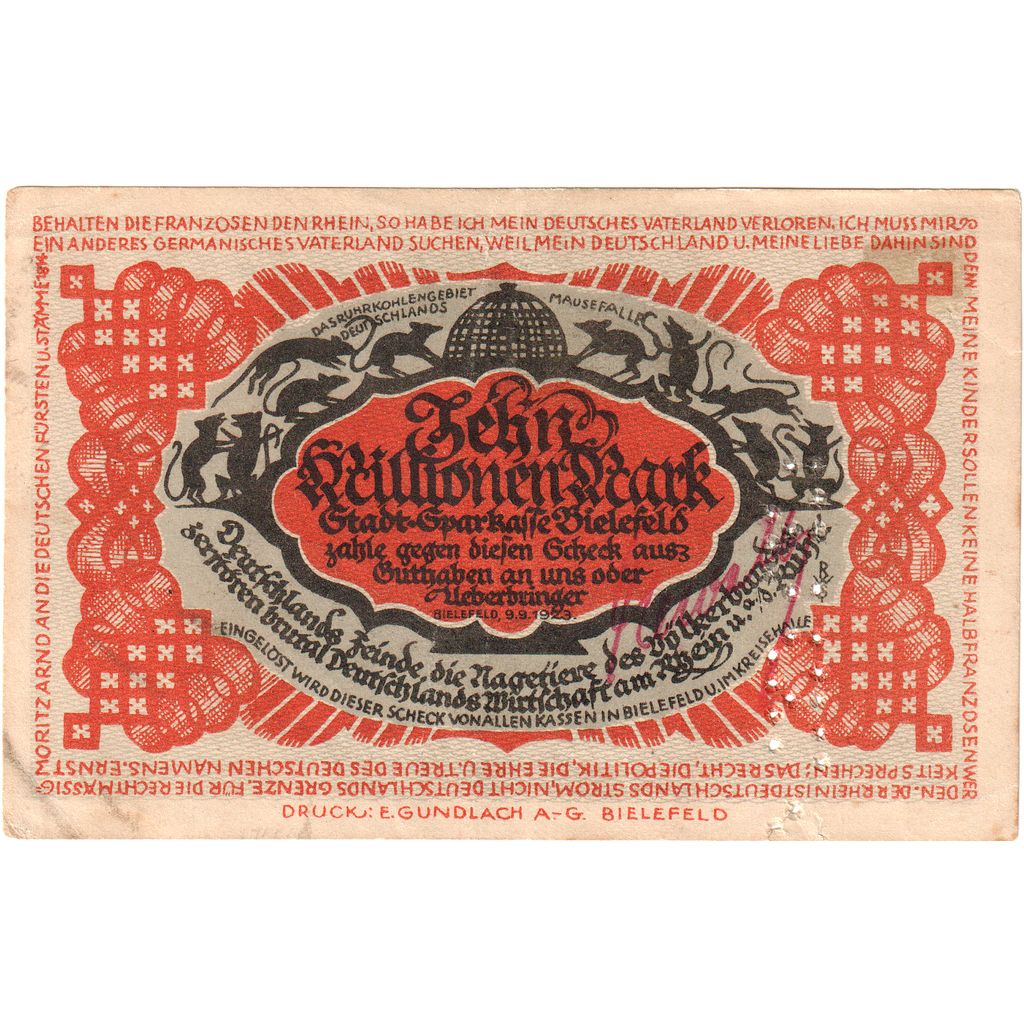 Germany, Bielefeld, 10 Millionen Mark, 1923-09-09, VF(30-35)