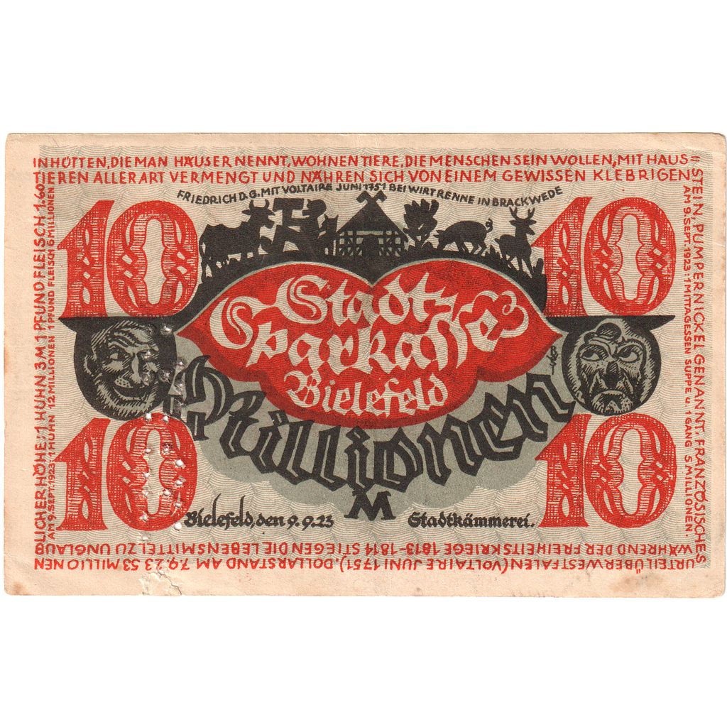 Germany, Bielefeld, 10 Millionen Mark, 1923-09-09, VF(30-35)