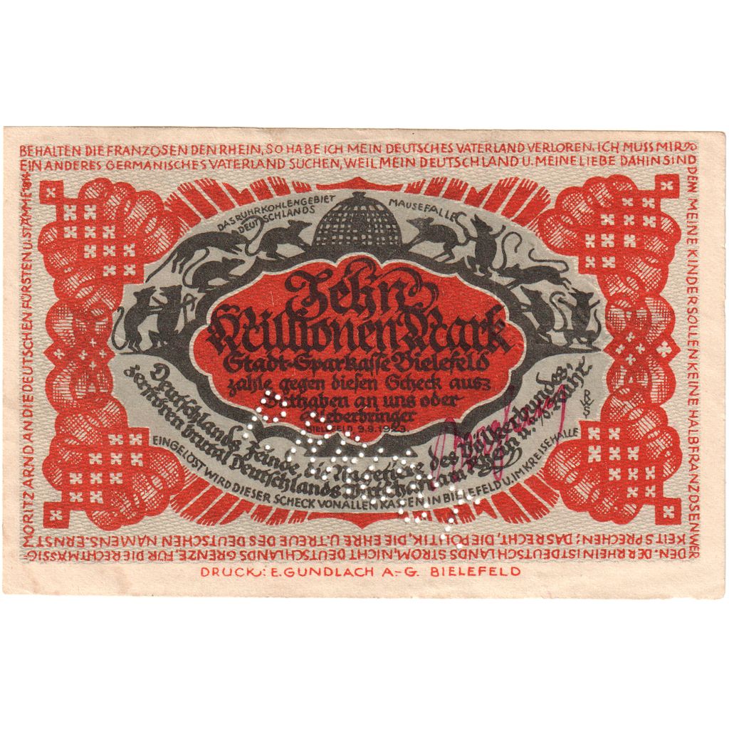 Germany, Bielefeld, 10 Millionen Mark, 1923-09-09, VF(30-35)