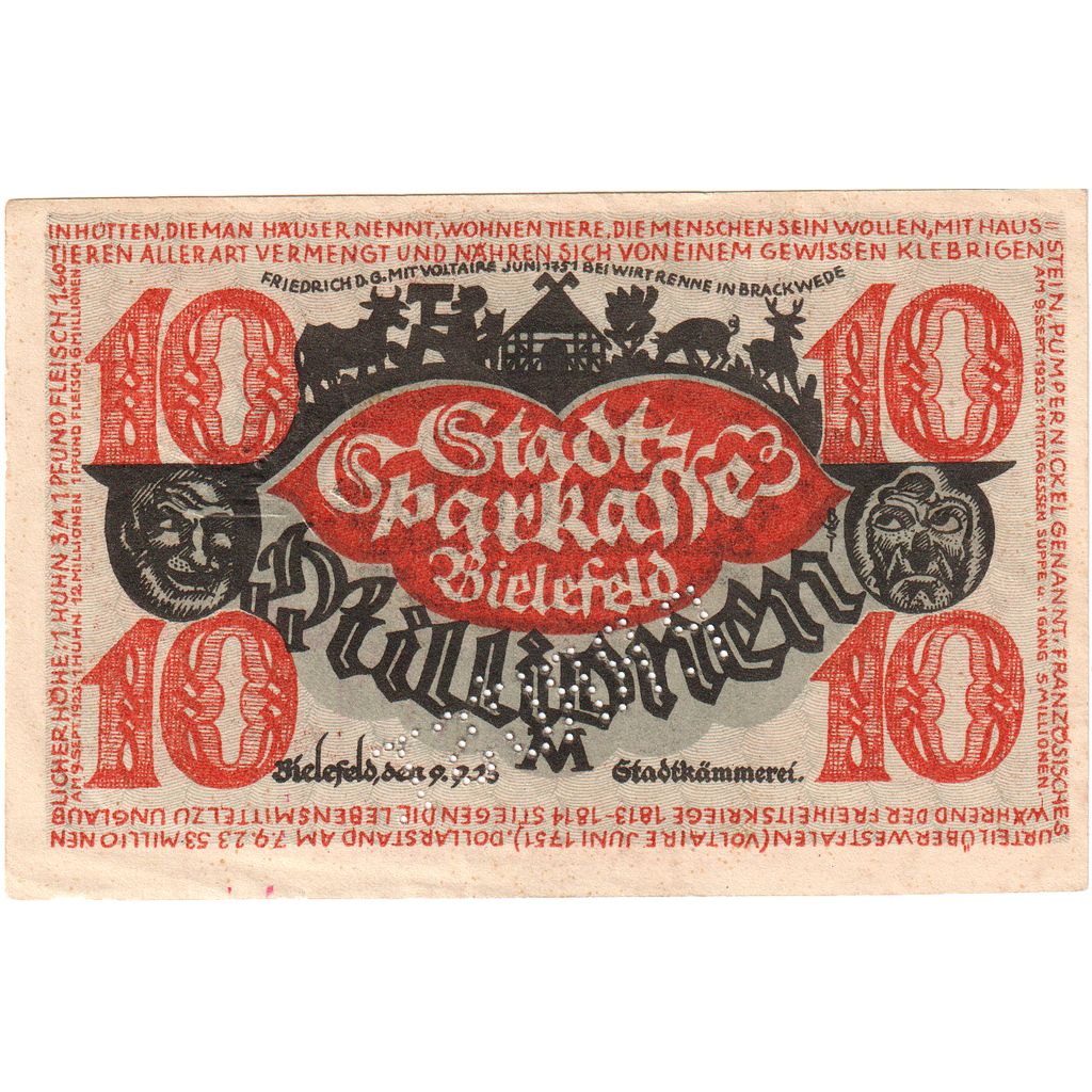 Germany, Bielefeld, 10 Millionen Mark, 1923-09-09, VF(30-35)