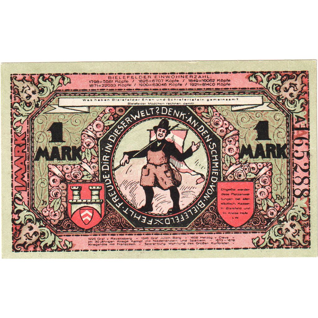 Niemcy, Bielefeld, 1 Mark, 1921-05-15, UNC(63), Grabowski:103.6b